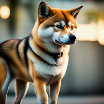 dog with a collar standing on a sidewalk with its eyes closed and a blurry background behind it