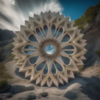 large circular object is shown in the middle of a desert landscape with rocks and grass in the foreground