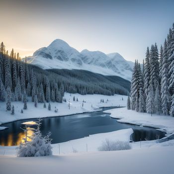 snowy mountain landscape with a lake and trees in the foreground and a mountain range in the background