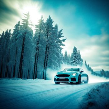 car driving down a snowy road in the woods with trees in the background and a sun shining on the road