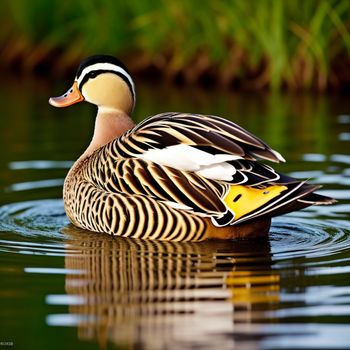 duck is swimming in a pond with grass in the background and a reflection of the duck in the water