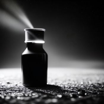 bottle of medicine sitting on a floor with a light coming from it's top bottle on the floor