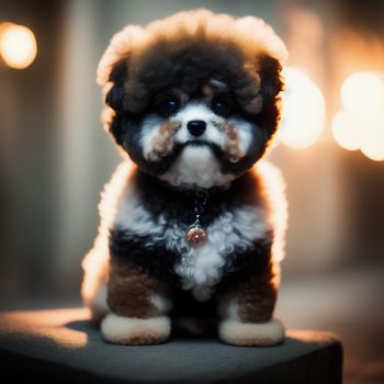 small dog with a black and white fur on it's head and a brown and white fur on its face