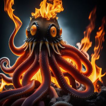 strange looking octopus with flames on its head and eyes