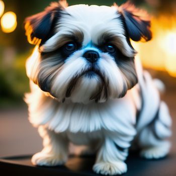 small white and black dog sitting on a table with a blurry background of lights in the background