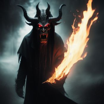 demon with a demonish face and a flame in his hand is shown in the dark with a dark background