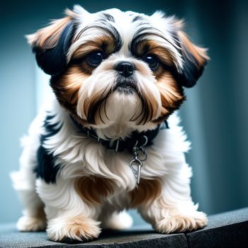 small dog sitting on top of a table next to a window with a black and white collar on