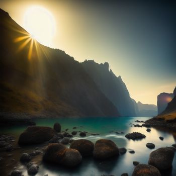 lake surrounded by mountains and rocks with the sun shining over it's top and the water below