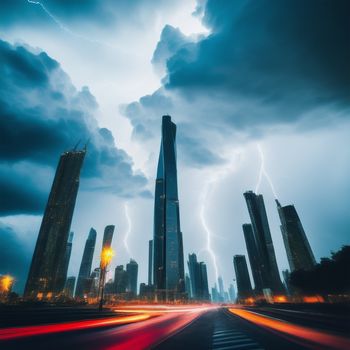 city street with a lot of tall buildings and a lightning bolt in the sky above it and a street light streaking through the street