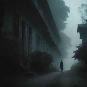 person walking down a road in the fog with a house in the background and trees on either side