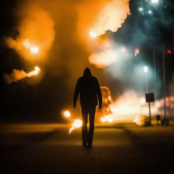 man walking down a street with a lot of smoke behind him and a lot of lights on the street