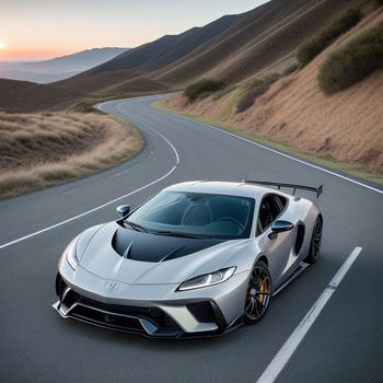 silver sports car driving down a road with mountains in the background at sunset or dawn in the evening