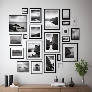 wall with a bunch of pictures on it and a vase with a plant in it and a book on the side