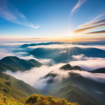 mountain range with a sun shining through the clouds and a few hills below it with a grassy area in the foreground