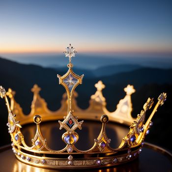 gold crown with a diamond on top of it on a table with mountains in the background at sunset