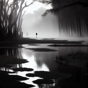 person standing on a foggy lake in the woods with a umbrella in the distance and trees in the background