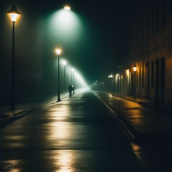 person walking down a street at night with a street light on the side of the street and a person walking down the street