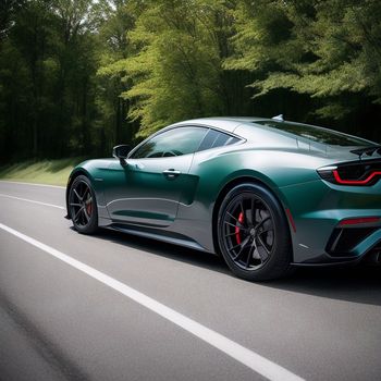 green sports car driving down a road next to trees and bushes on a sunny day with a red brake light