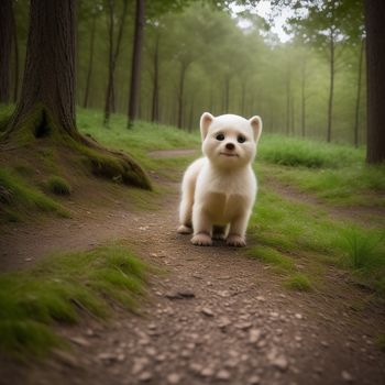 small white bear standing on a dirt road in a forest with trees and grass on both sides of the path