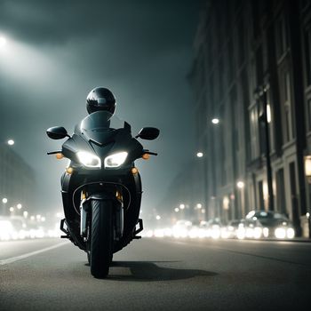 person riding a motorcycle on a city street at night with a lot of lights on the street and buildings