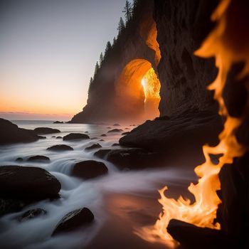 cave with a fire coming out of it next to the ocean at sunset or sunrise time with a long exposure of light