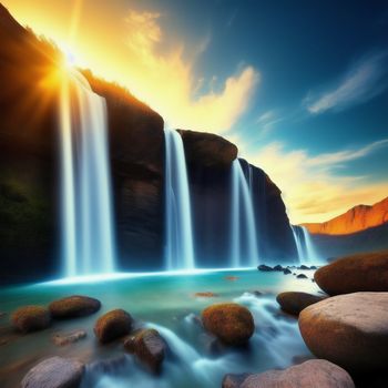 waterfall with a bright sun in the background and rocks in the foreground