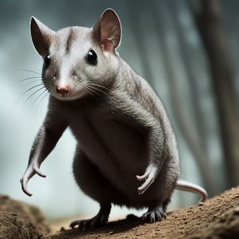 rat is standing on its hind legs on a rock in the woods