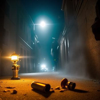 street light and a bottle on the ground in the dark of night with a fog coming from the street