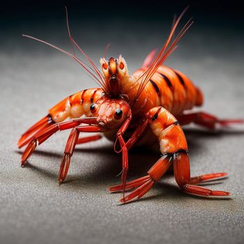 close up of a red and black shrimp on a gray surface with a black background and a black background