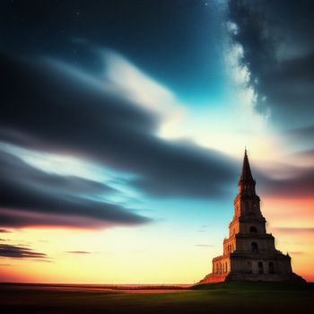 tall tower with a sky background and clouds in the sky above it at sunset or dawn with a star in the sky