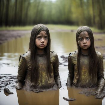 two girls are sitting in the mud in a puddle of water