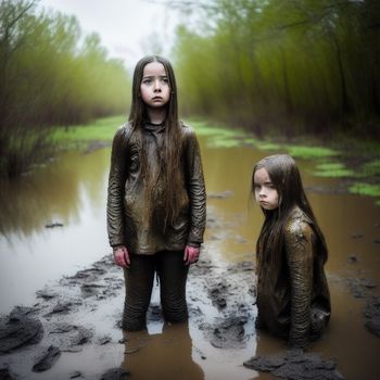 two girls standing in a muddy area with trees in the background and water in the foreground