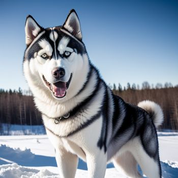 husky dog standing in the snow with his mouth open and tongue out