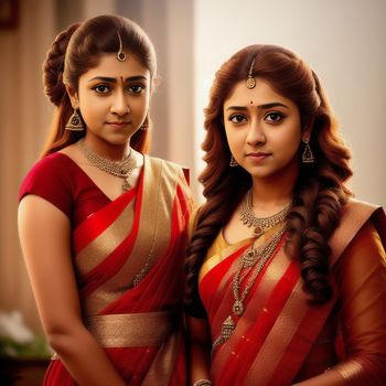 two women in red and gold saris posing for a picture together