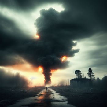 person standing on a road in front of a large black cloud of smoke and steam rising from the top of a building