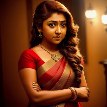 woman in a red and gold sari with her arms crossed and a necklace on her neck