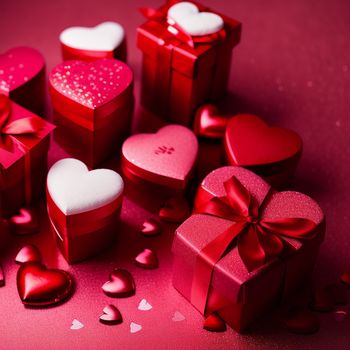 bunch of red boxes with hearts and bows on a pink background with hearts scattered around them and a bow