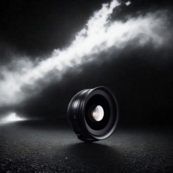 camera lens is shown in front of a dark background with clouds and light coming from it