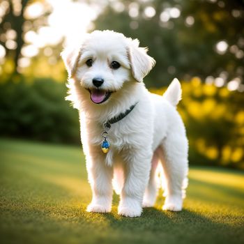 small white dog standing on top of a lush green field of grass with trees in the background and a blue tag on its collar