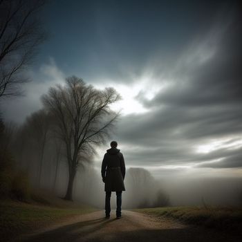 man standing on a dirt road in the middle of a forest with fog and trees on either side