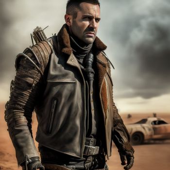 man in a leather jacket holding a gun in a desert area with a car in the background and a dark cloud in the sky