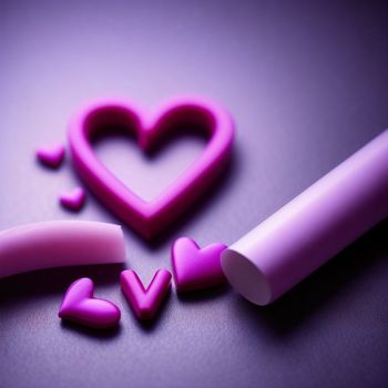 pink heart and a pink tube on a purple surface with a pink eraser and a pink heart