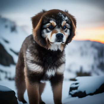 dog standing in the snow with a mountain in the background with a sunset in the background and a snow covered mountain in the foreground