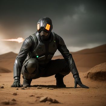 man in a space suit crouches down in the desert with a rocket behind him and a dark sky in the background