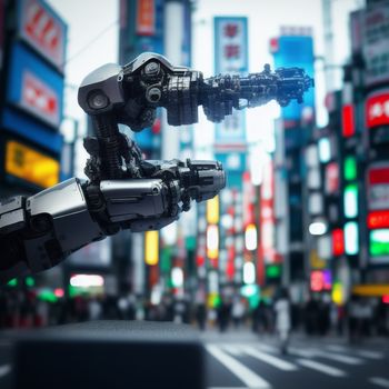 robot is standing in the middle of a city street with neon signs in the background and a person walking on the sidewalk