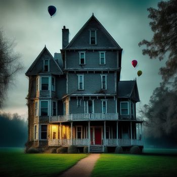 house with balloons flying over it at night time in the foggy sky above the front yard of the house