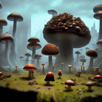 group of mushrooms in a forest with a dark sky background and a few trees in the background with a few mushrooms growing on the ground