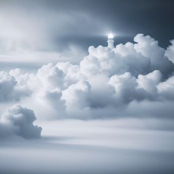 lighthouse in the clouds with a bright light shining through the clouds above it and a dark sky above