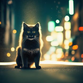 black cat sitting on the ground in the middle of a city at night time with lights in the background