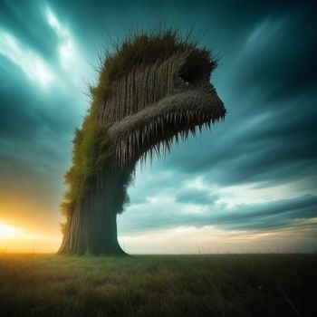 strange looking tree with a face made of grass on it's trunk and roots in the sky